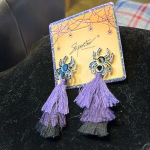 Halloween earrings black spiders with tassels of purple and black. Pierc…